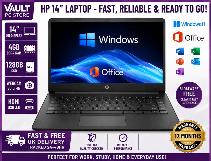 HP 14s Laptop – 4GB RAM, 128GB SSD, Windows 11 + Office
