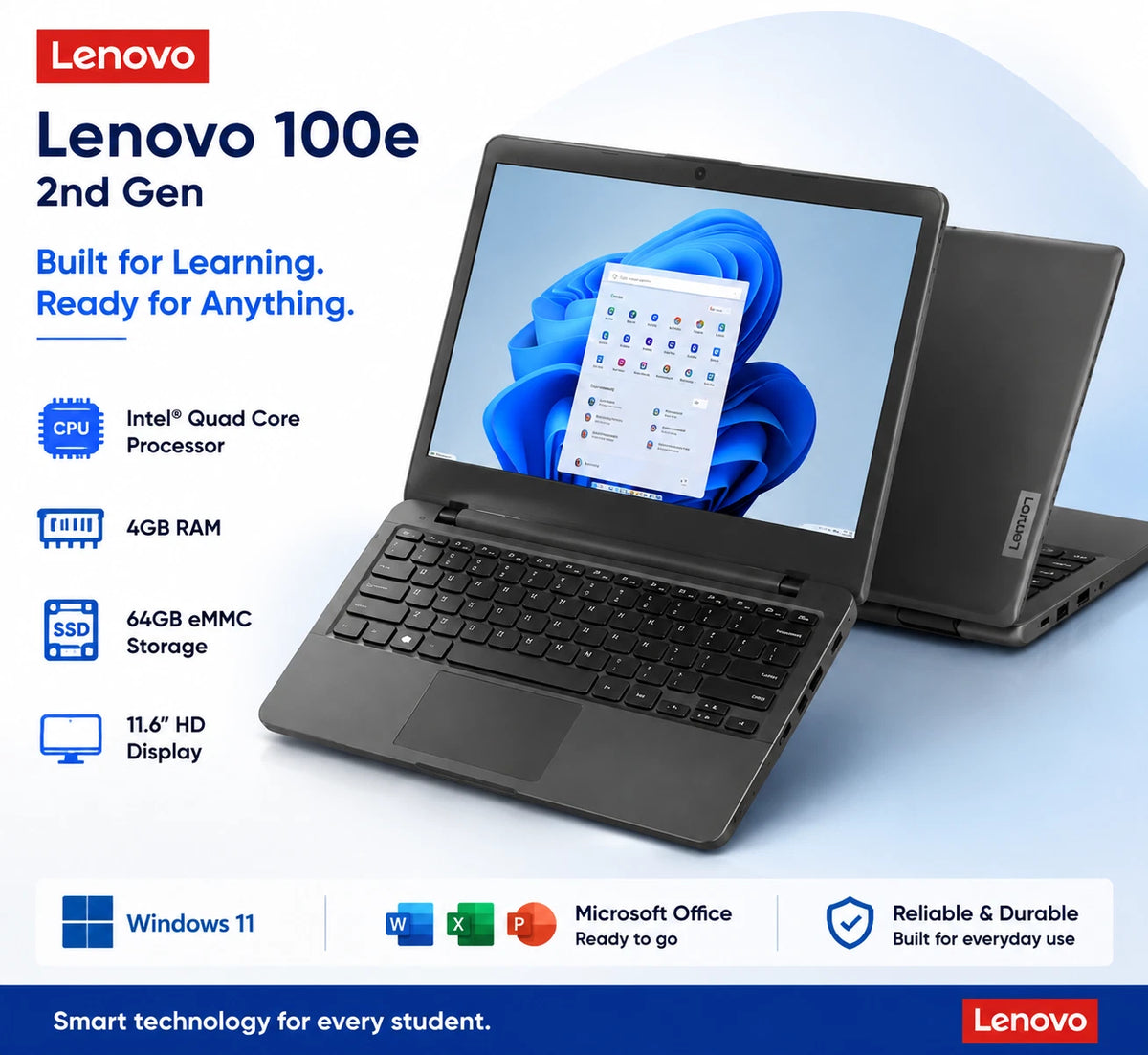 Lenovo 100e 2nd Gen 11.6” Touchscreen Laptop, 4GB RAM, 64GB, Windows 11 & Office 2021
