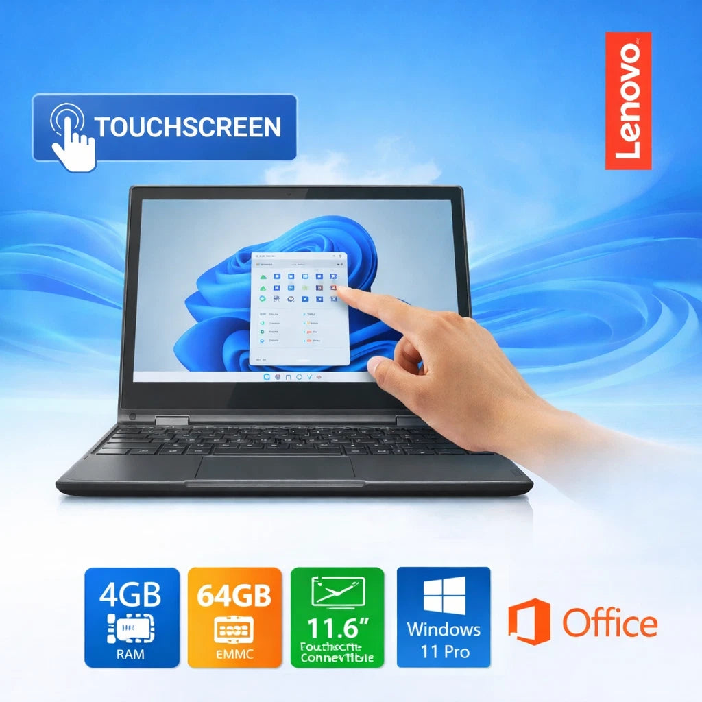 Lenovo 100e 2nd Gen 11.6” Touchscreen Laptop, 4GB RAM, 64GB, Windows 11 & Office 2021